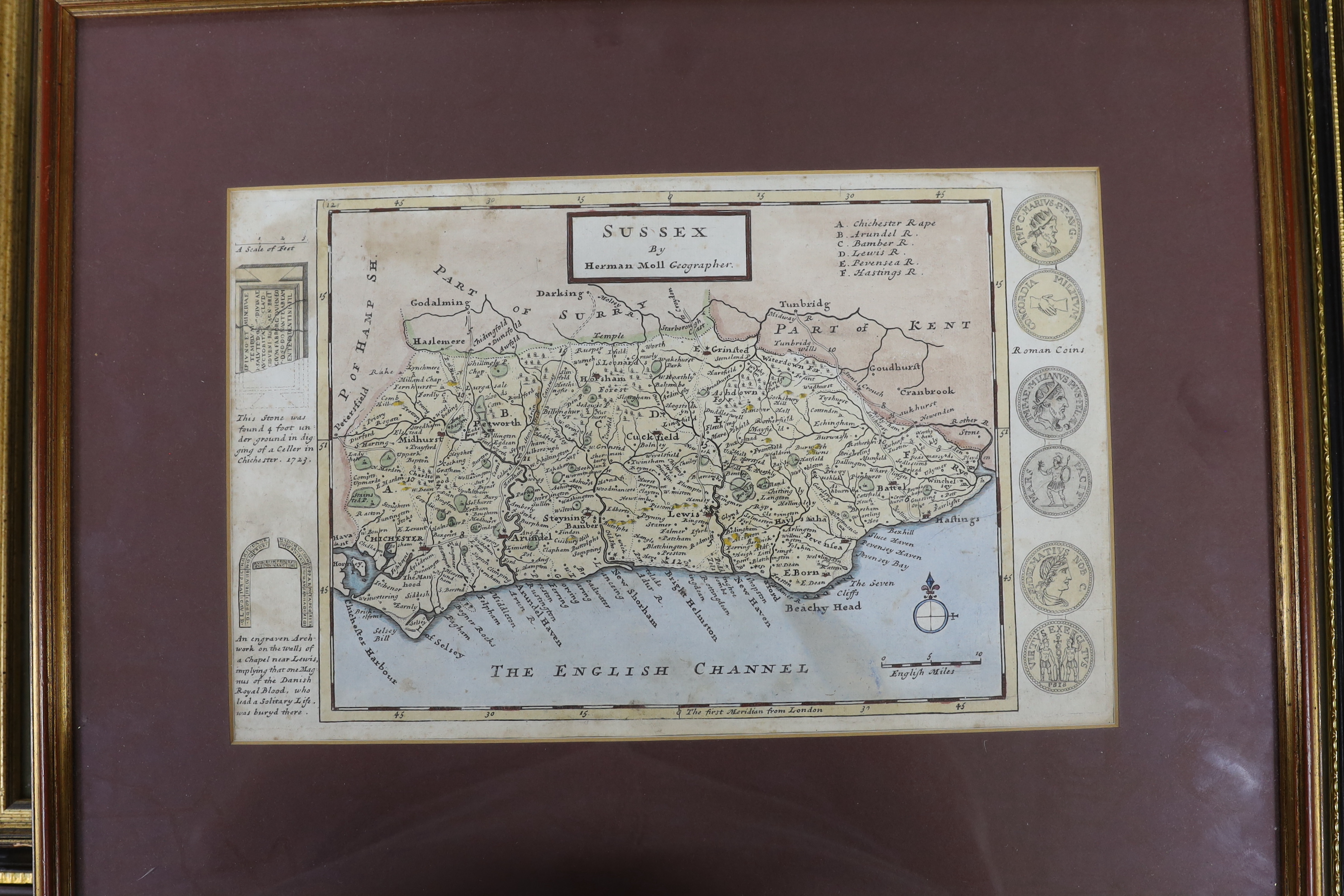 Five framed maps of Sussex, including four 18th century examples by Herman Moll, Johanes Norden, etc. largest 49 x 62cm